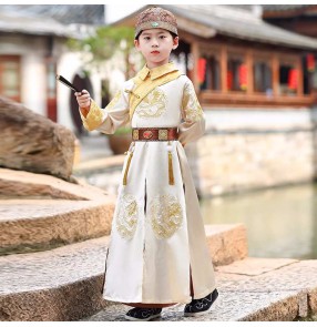 Boys hanfu gold dragon han tang qing prince king performance robe swordman photos shooting costumes for kids